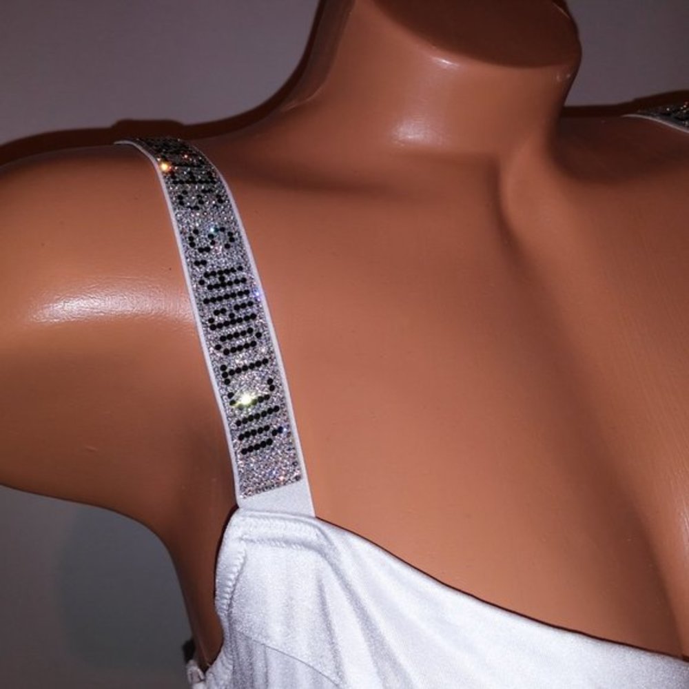 Victoria Secret Swim Bikini Top 32DD‎ White Shine Strap Bling Logo Solid New - Picture 3 of 10
